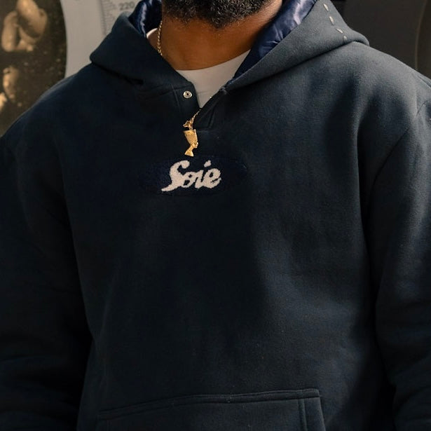 Navy Chenille Satin-Lined Hoodie